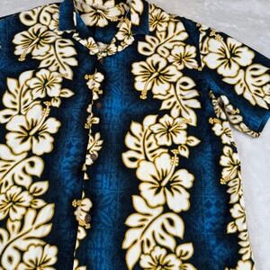 Made in Hawaii Mens XL Aloha Shirt Blue Hibiscus Floral Cotton Button Down XL